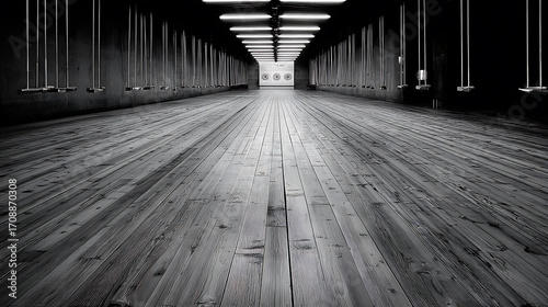 Long wooden corridor with evenly spaced overhead lights and target boards at the end