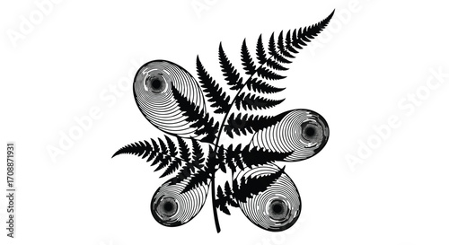 Intricate stylized fern frond with abstract circular elements and eye-like patterns