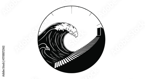 Overwhelming wave approaching a staircase leading to an open door