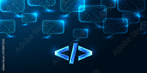 Coding and digital communication concept with low poly code symbol and speech bubbles, AI vector