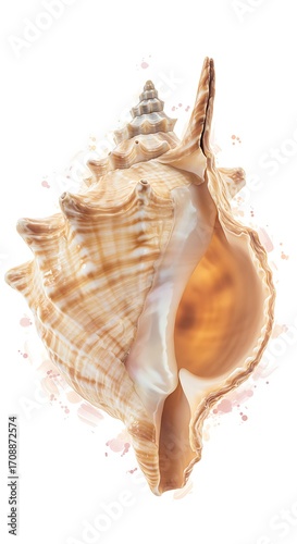 Stunning conch shell with intricate spiral detail and soft watercolor accents evokes ocean tranquility