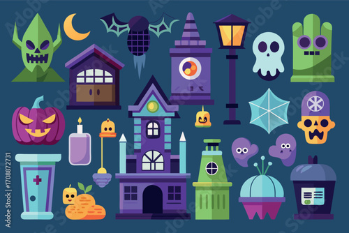 Spooky halloween vector graphics set scary icons haunted house pumpkins ghosts bats and more