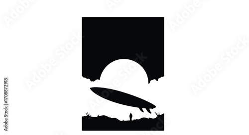Silhouette of a surfer with a surfboard against a large, setting sun in a minimalist landscape.