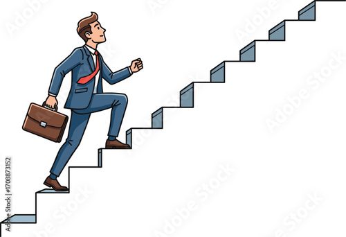 Cartoon businessman climbing stairs, holding briefcase, career growth concept, professional success illustration, business ambition, progress and achievement, corporate goal setting, vector design