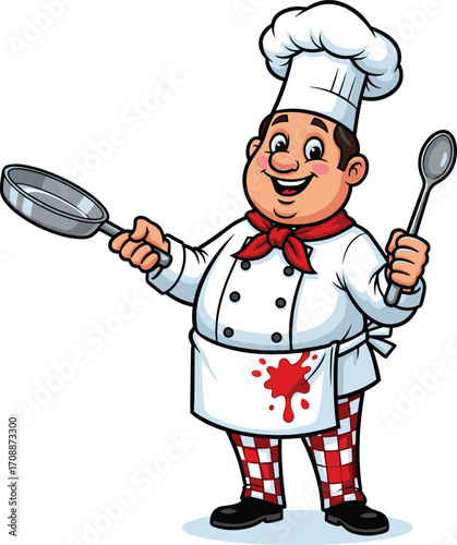 Cartoon cheerful chef with frying pan and spoon, cooking and culinary illustration, restaurant and kitchen concept, professional cook character design, food preparation theme, vector art