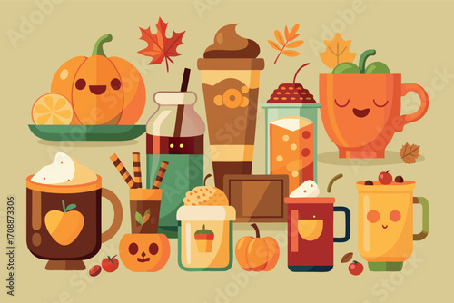 Vector illustration of cute halloween themed autumn drinks and pumpkins scalable eps