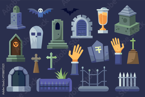 Spooky halloween graveyard vector icons tombstones ghosts bats festive holiday illustration