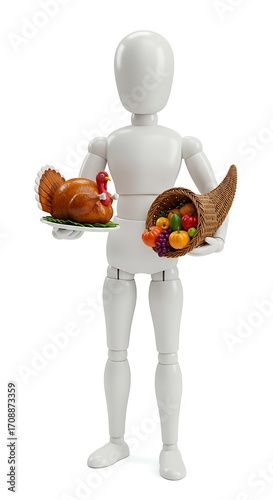 Joyful mannequin presents bountiful Thanksgiving feast with roasted turkey and cornucopia of harvest fruits and vegetables