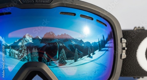 Ski Goggles Reflecting Snowy Mountain Landscape, Blue Tinted