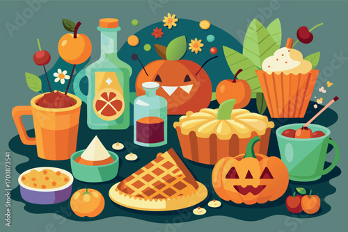 Vector halloween illustration featuring festive treats drinks and pumpkins for spooky celebrations