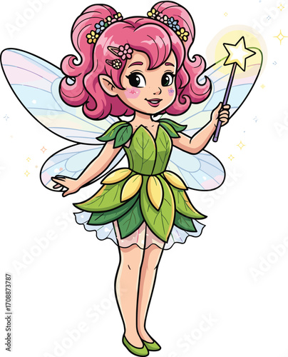 Cartoon fairy with pink hair and magic wand, fantasy character illustration, whimsical nature spirit concept, children’s story and magical world theme, vector art