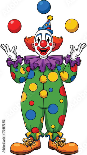 Cartoon clown juggling colorful balls, circus performer illustration, entertainment and comedy act concept, playful carnival character design, fun show and festival theme, vector art