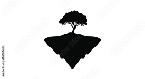 Silhouette of a solitary tree on a floating island against a white background.