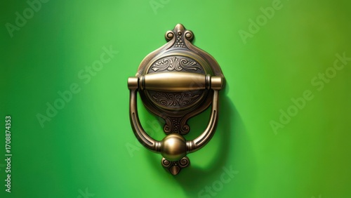 An ornate, brass door knocker, with intricate detailing and a curved, bell-shaped bottom, is mounted on a vibrant green door.  Its aged finish suggests antiquity