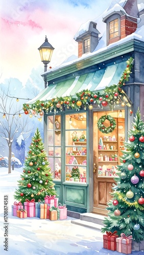 Snowy Christmas shop, watercolor style.  Winter wonderland storefront decorated with garlands, lights, and presents