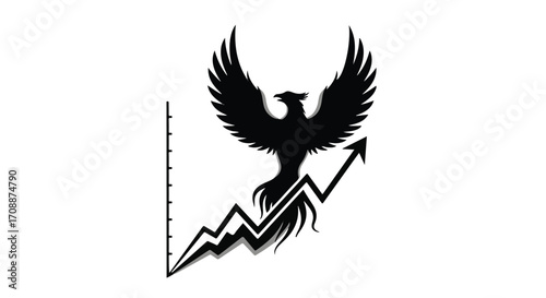 Mythical phoenix rising with upward trending graph symbolizing growth and success