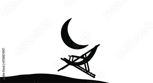 Solitary beach chair rests under a crescent moon on a dark sandy shore
