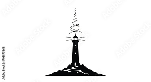 Mysterious lighthouse on rocky outcrop with swirling energy above