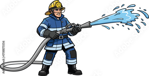 Cartoon firefighter spraying water from hose, emergency response illustration, fire safety concept, rescue operation and protection, firefighting equipment and uniform