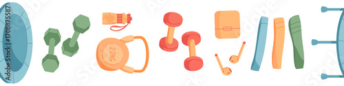 Seamless border with sport and gym equipment pattern. Includes dumbbells, kettlebells, yoga mats, and workout tools. Perfect pattern for fitness themes, exercise backgrounds, health frame designs.