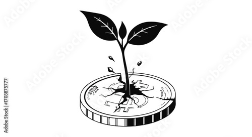 New growth emerges from a cracked coin, symbolizing financial recovery and investment success.