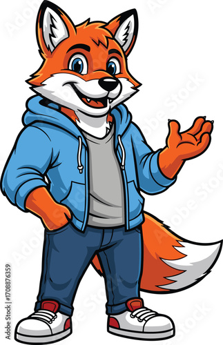 Cartoon anthropomorphic fox in hoodie and jeans, casual animal character illustration, friendly mascot design, modern clothing and lifestyle theme, vector art