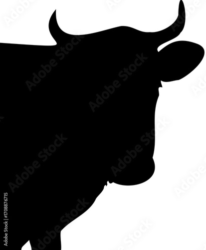 Close-up silhouette of a cow facing forward, detailed vector illustration of a single farm animal, minimalistic black outline, rural livestock design, simple and clean vector art