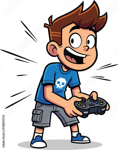 Cartoon boy playing video game with controller, gaming and entertainment illustration, fun and leisure concept, excited gamer character design, digital play theme, vector art