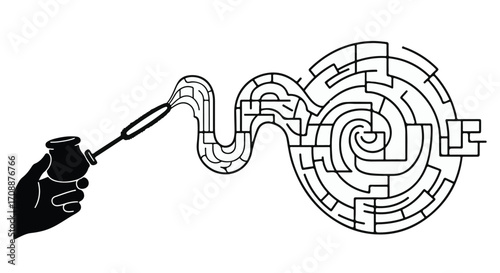 Hand blowing bubbles that form a winding maze, representing complexity and thought