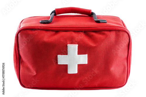 Red first aid medical kit bag emergency preparedness essential supplies isolated object isolated on transparent background