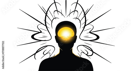 Silhouette of a person with a glowing mind, radiating energy and ideas, symbolizing inspiration and creativity.
