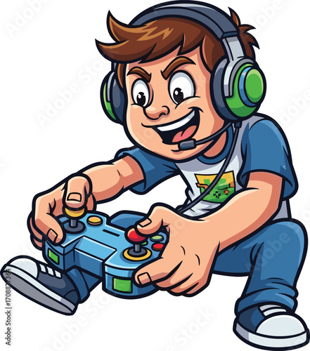 Cartoon gamer playing video game with headset, gaming and e‑sports illustration, online multiplayer concept, focused player and entertainment, competitive gaming scene, vector design