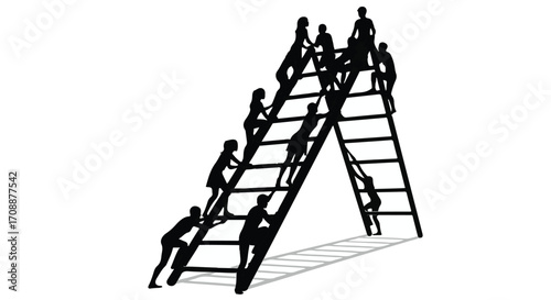 Silhouettes of people climbing a ladder forming an upward arrow, symbolizing teamwork and progress.