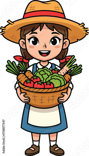 Cartoon farm girl holding basket of vegetables, agriculture and gardening illustration, healthy food and harvest concept, rural lifestyle and sustainability theme, vector art