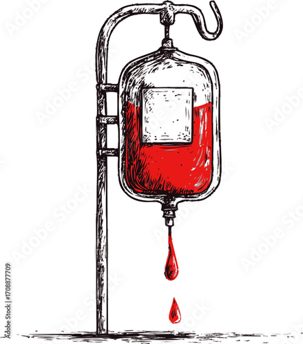 Blood transfusion bag sketch, hand drawn medical drip with red liquid and stand — stock vector