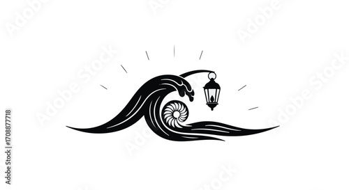 Enchanting wave crest illuminated by a vintage lantern, symbolizing guidance and mystery.