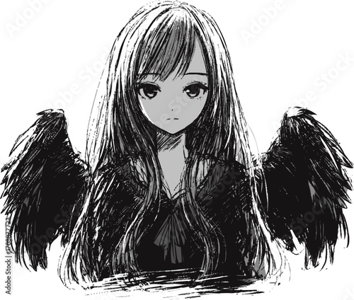 Anime girl with black angel wings sketch hand drawn monochrome portrait — stock vector