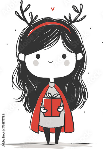 Cute girl sketch with antler headband holding gift box, hand drawn style — stock vector