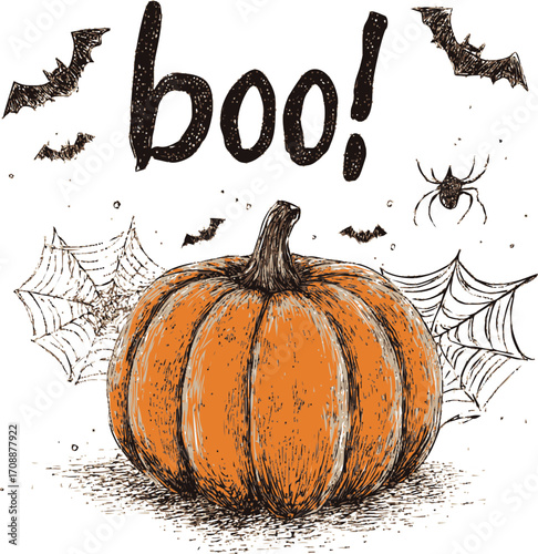 Pumpkin sketch hand drawn with spider webs bats and boo text Halloween scene — stock vector