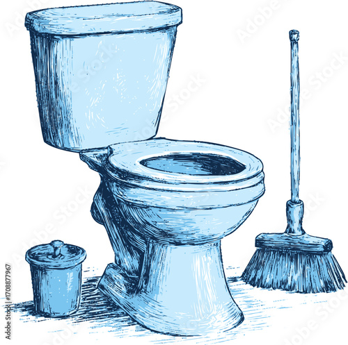Toilet sketch hand drawn with trash bin and broom in bathroom scene — stock vector