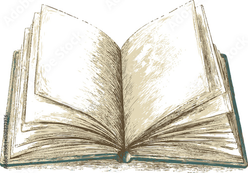Open book sketch hand drawn style with blank pages and textured lines — stock vector