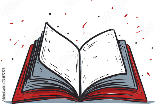 Open book sketch hand drawn with blank pages and dynamic flying confetti — stock vector