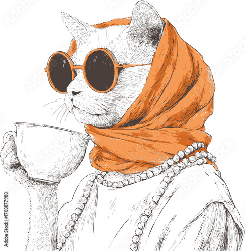 Cat sketch hand drawn wearing sunglasses scarf pearls drinking tea — stock vector