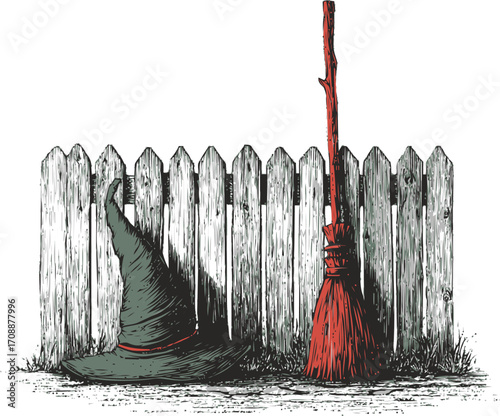 Witch hat and broom sketch, hand drawn style, leaning on wooden fence — stock vector