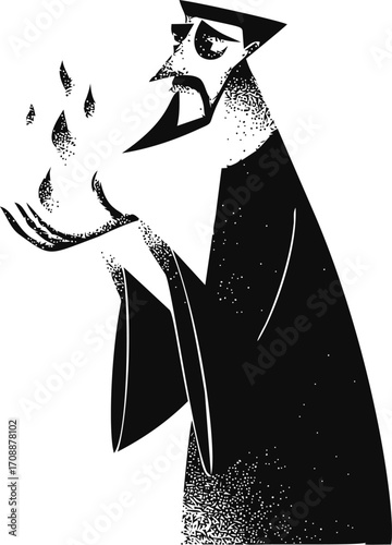 Wizard sketch hand drawn conjuring magic flames in black robe — stock vector