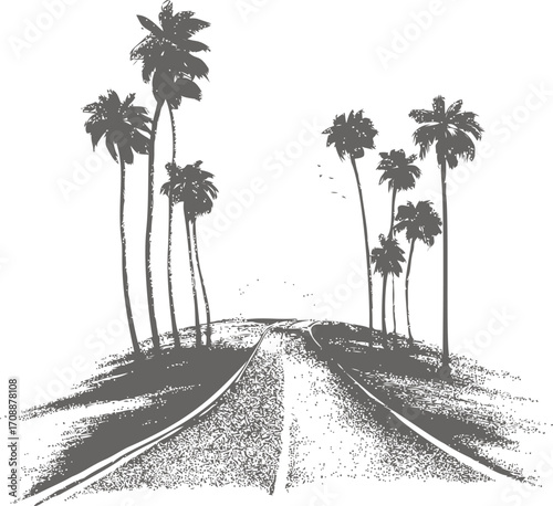 Palm trees sketch hand drawn road landscape with tropical scenery — stock vector