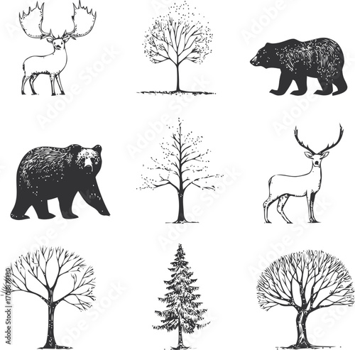 Forest animals and trees sketch, hand drawn moose, bear, deer and woodland trees — stock vector
