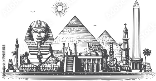 Egyptian landmarks sketch hand drawn pyramids sphinx obelisk ancient architecture scene — stock vector