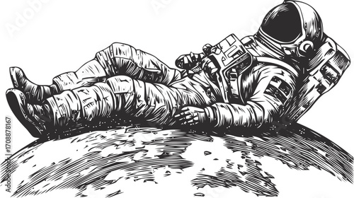 Astronaut sketch hand drawn relaxing on planet surface in space — stock vector