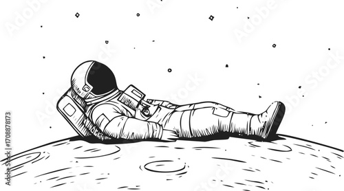 Astronaut sketch hand drawn relaxing on moon surface with stars — stock vector
